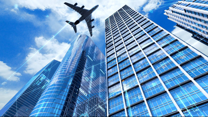 摩天大楼震撼飞机飞越CBD科技智慧城市