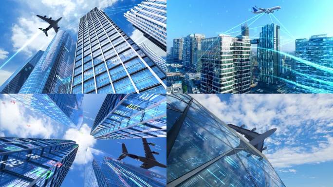 摩天大楼震撼飞机飞越CBD科技智慧城市