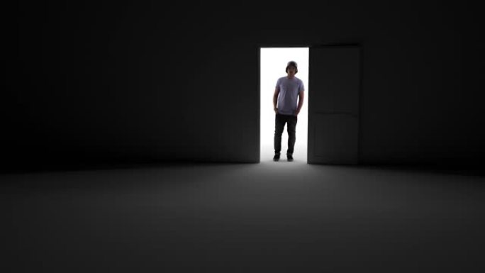 3d动画在黑暗中打开门，光线穿透内部。门外站着一个人。未知。黑暗。成功的会议，帮助