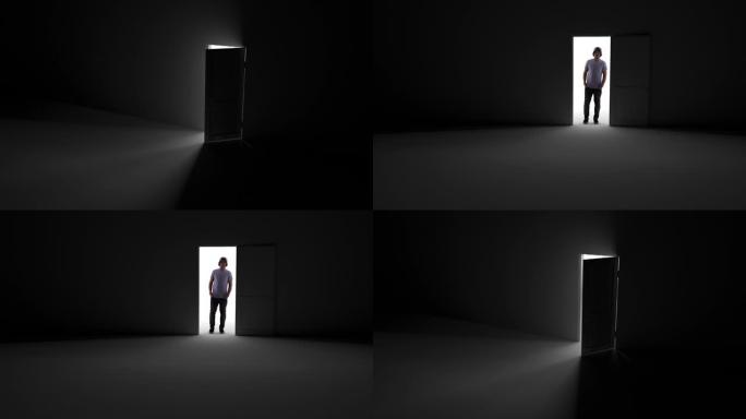 3d动画在黑暗中打开门，光线穿透内部。门外站着一个人。未知。黑暗。成功的会议，帮助