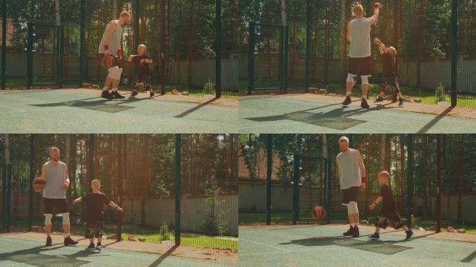 体育篮球运动员教练和小男孩在篮球场户外带球。运球锻炼