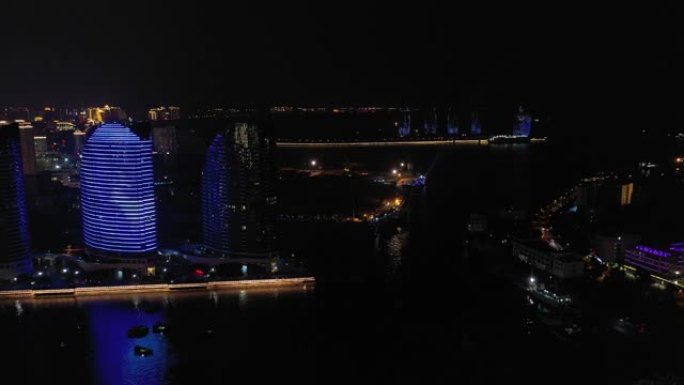 夜景三亚湾滨江公寓综合体航空全景4k海南岛中国