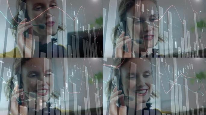 使用电话耳机在女商人上记录统计信息的动画