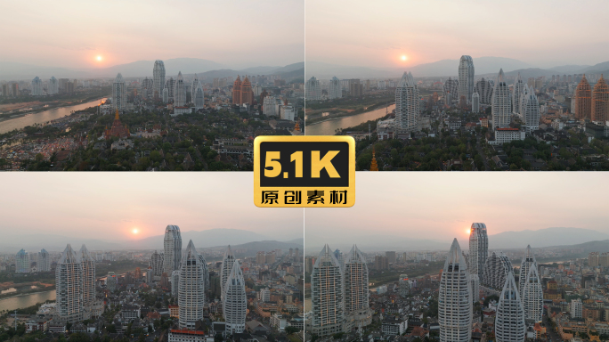 5K-版纳景洪告庄风光航拍，版纳日落