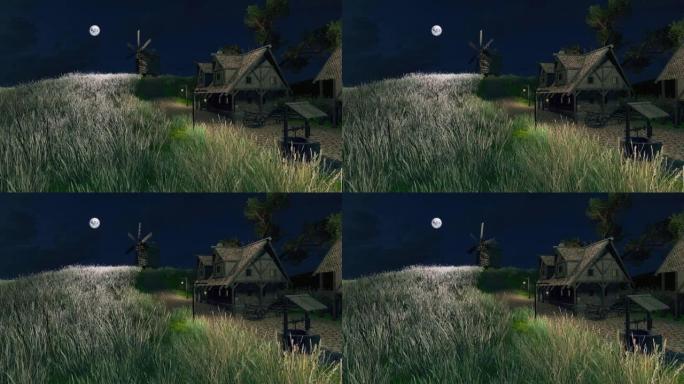 黑暗夜晚的旧风车空中世纪村庄3D动画