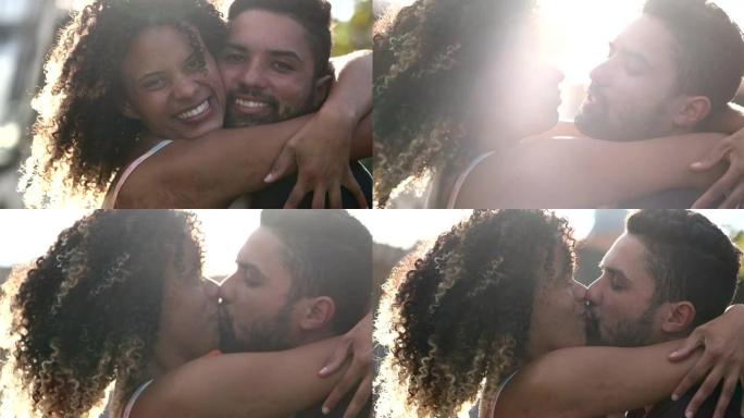 西班牙裔夫妇拥抱。巴西男女拥抱接吻