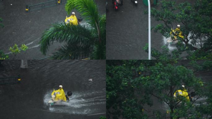 黄色雨衣雨中骑行