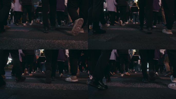 【正版素材】城市夜景斑马线路口人流脚步