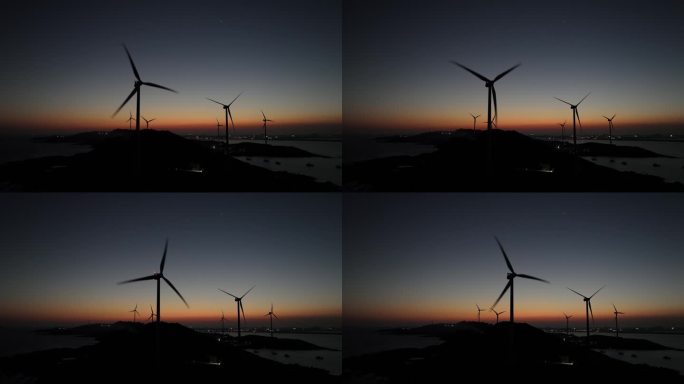 夜晚海边风车航拍大海夜景自然风光晚上风景