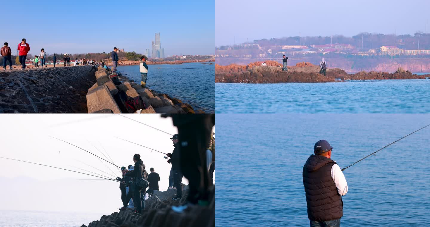 8K青岛海边码头垂钓海钓的钓鱼人