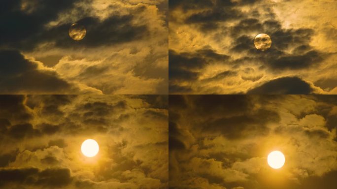 日落西山太阳在云层中穿梭