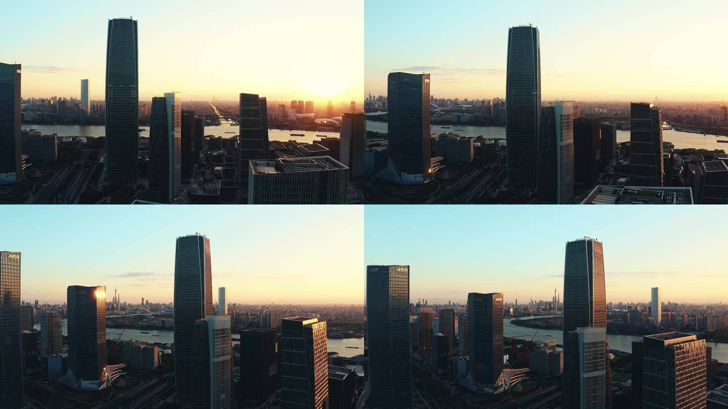 4K航拍徐汇滨江西岸城市建筑群日出