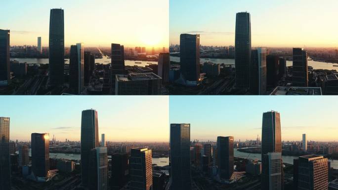 4K航拍徐汇滨江西岸城市建筑群日出