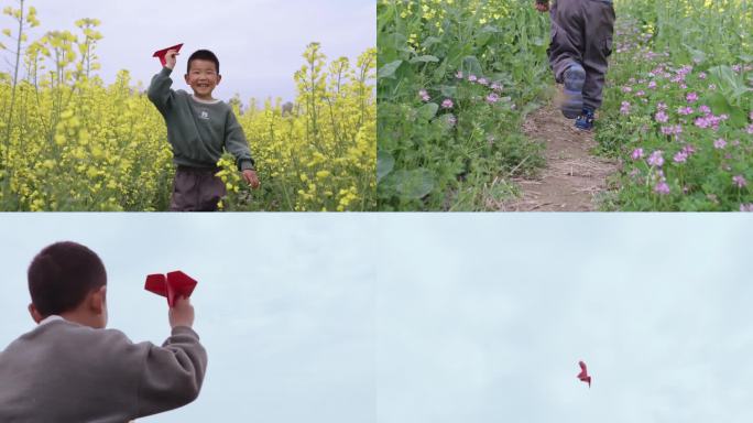 小孩 扔纸飞机 油菜花 气球 留守儿童