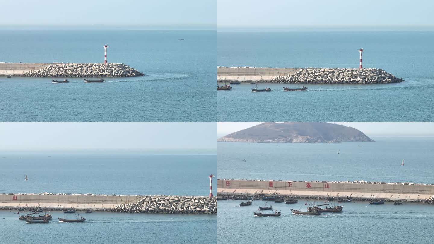 航拍环绕威海远遥渔港的灯塔与渔船