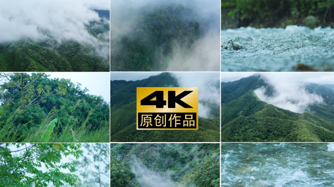4k云海大自然航拍森林山泉水溪流下雨风景