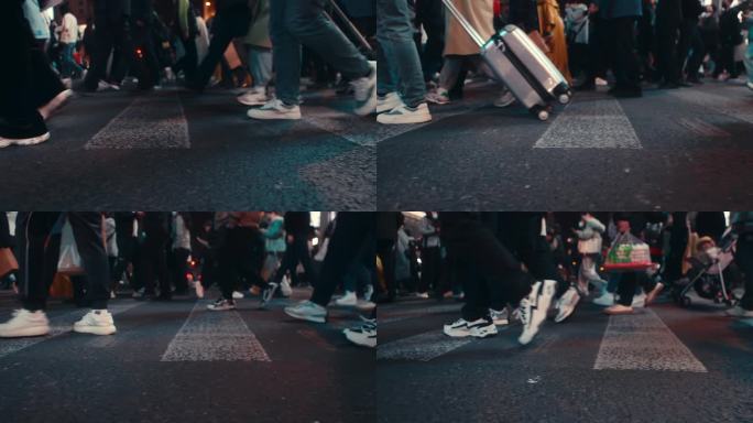 【正版素材】城市夜景斑马线路口人流脚步