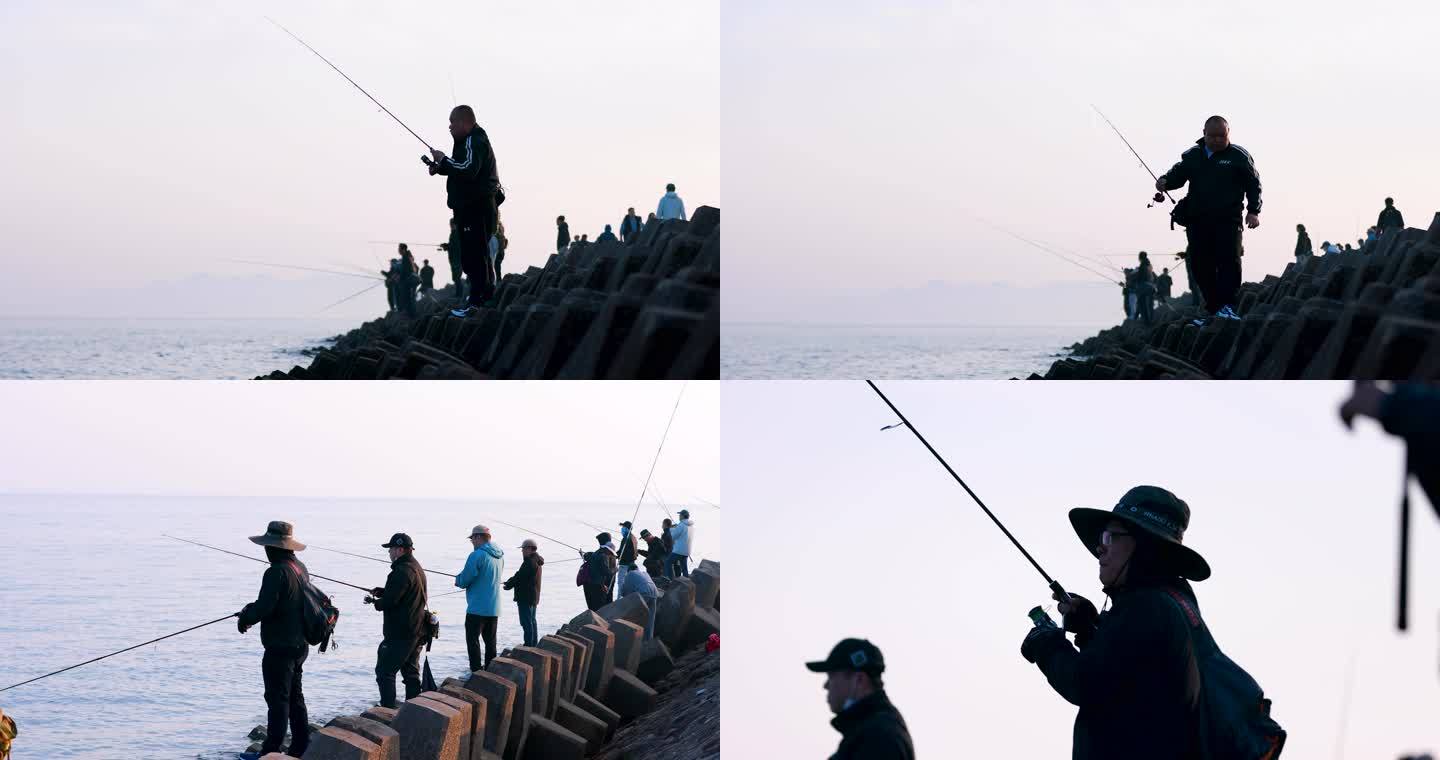8K青岛海边码头垂钓海钓的钓鱼人3