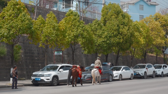 云南旅游风光大理公路骑马的男子