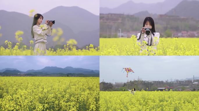 美女花海中拍照放风筝