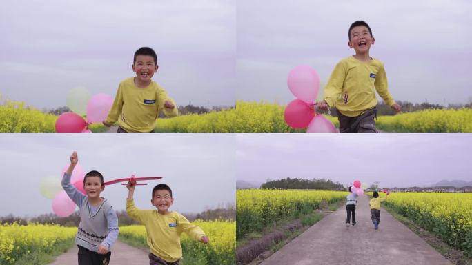小孩 留守儿童 童年油菜花田奔跑 气球