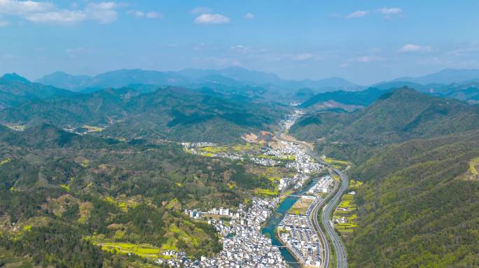 航拍山川河流 群山村庄