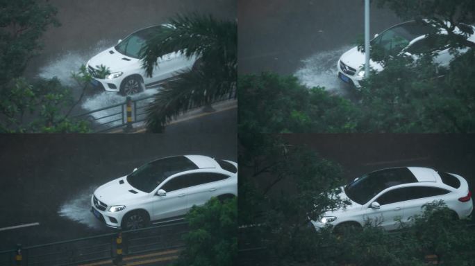 白色奔驰汽车雨中行驶
