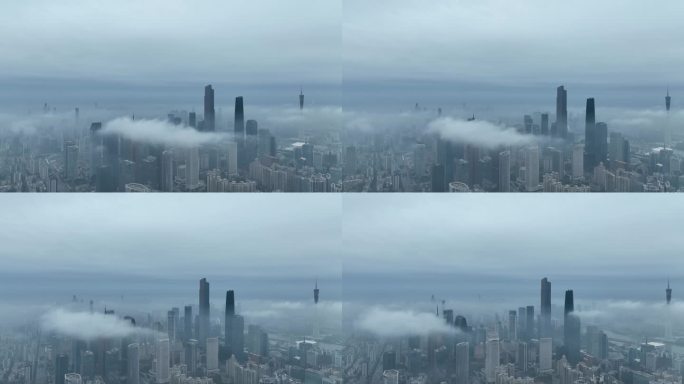 航拍云雾飘渺的广州珠江新城