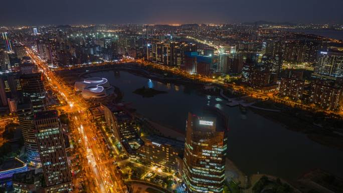 杭州金沙湖夜景航拍延时4k