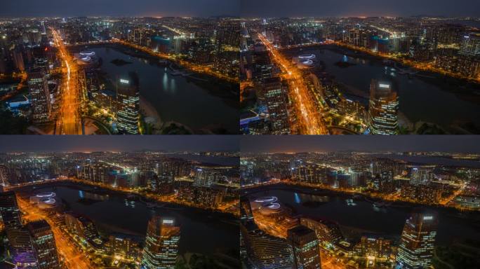 杭州金沙湖夜景航拍延时4k