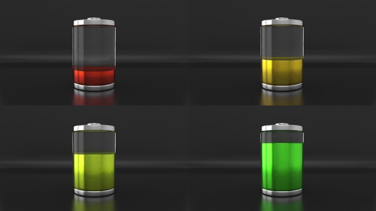 3D透明电池，具有隔离的发光彩色液体含量。用不同颜色表示的充电状态过程。累积功率水平指示器图标。储能