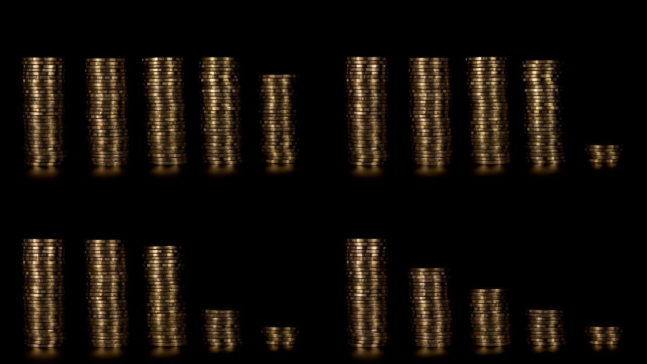 4k停止运动显示黑色背景下五堆黄金现金硬币减少褪色消失的关键帧技术