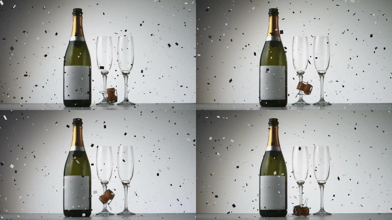五彩纸屑落在香槟瓶和两个灰色背景下的香槟杯上
