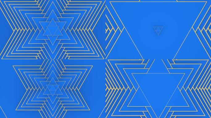 蓝色金色背景，建筑未来主义建筑，3d运动设计，分层纸艺，循环动画4k壁纸，抽象几何图案，催眠动画，大