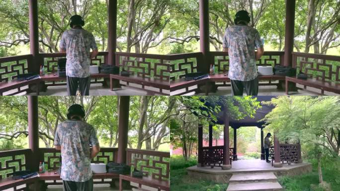 公园里一个男人在吹萨克斯
