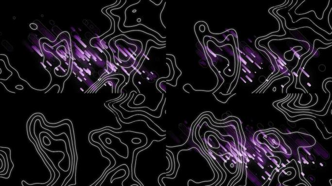 黑色背景上带有紫色烟花的移动白色轮廓线动画