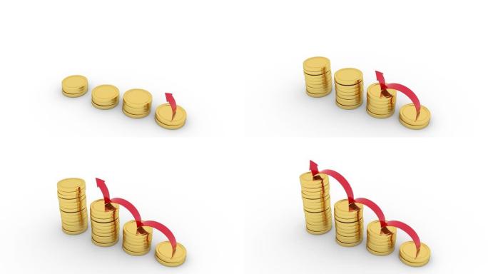 抽象图形。一列金币堆积在上升趋势中，箭头爬过象征财富，商业或投资成功的金钱。经济增长概念。