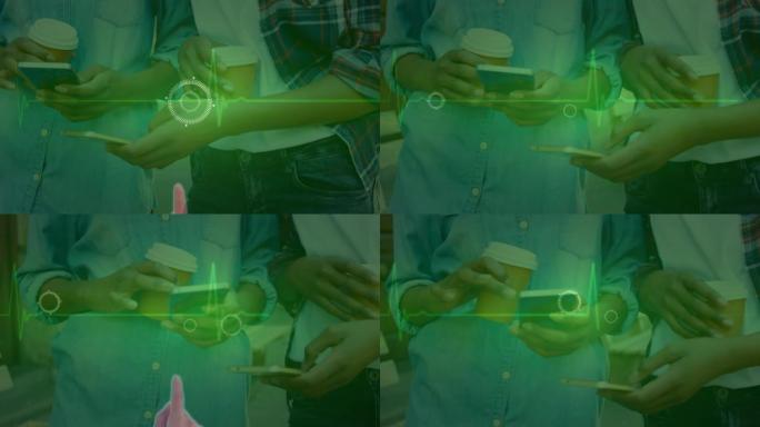 心率监测器和手动界面的动画，通过智能手机与咖啡的耦合