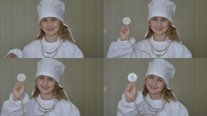 肖像可爱的小女孩穿着医疗制服在家医院玩耍。创意有趣的小女孩穿着医疗制服听诊器玩游戏当医生，假装医生护