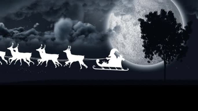 圣诞老人在雪橇上的动画，驯鹿越过月亮和树木