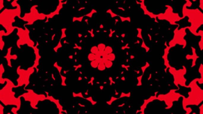 抽象红色几何无缝图案背景。抽象条纹万花筒环。快速迷幻彩色万花筒VJ背景。迪斯科抽象背景。万花筒效应