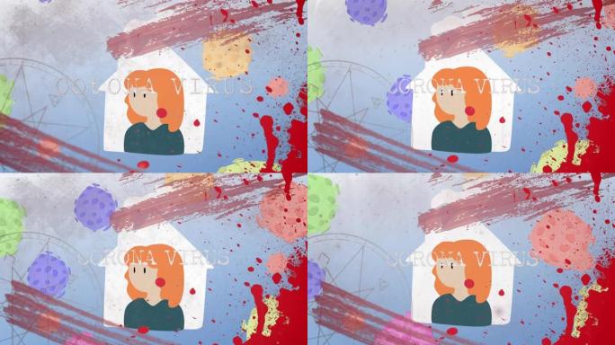 新型冠状病毒肺炎上的新型冠状病毒肺炎文字和女人在家图标红色油漆飞溅蓝色背景
