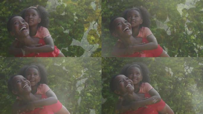 微笑的非洲裔美国母亲背着女儿的动画，在森林上