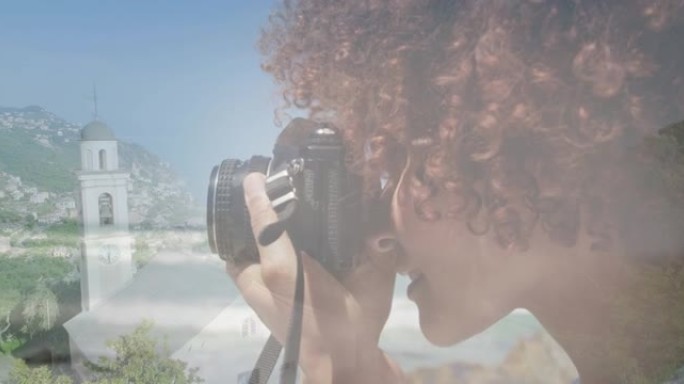 在城市景观上使用相机拍摄非裔美国妇女的动画