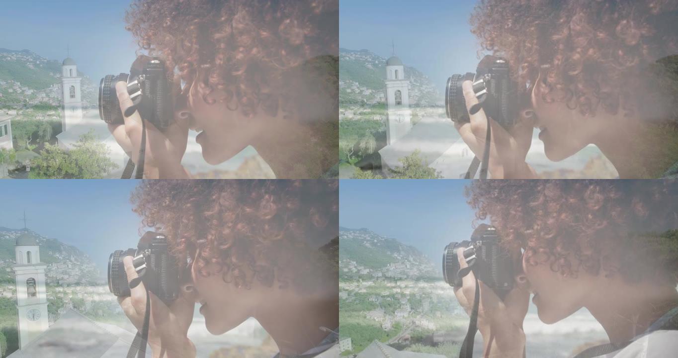 在城市景观上使用相机拍摄非裔美国妇女的动画