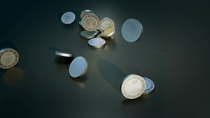 计算机生成的欧元硬币在碳地板上掉落和弹跳