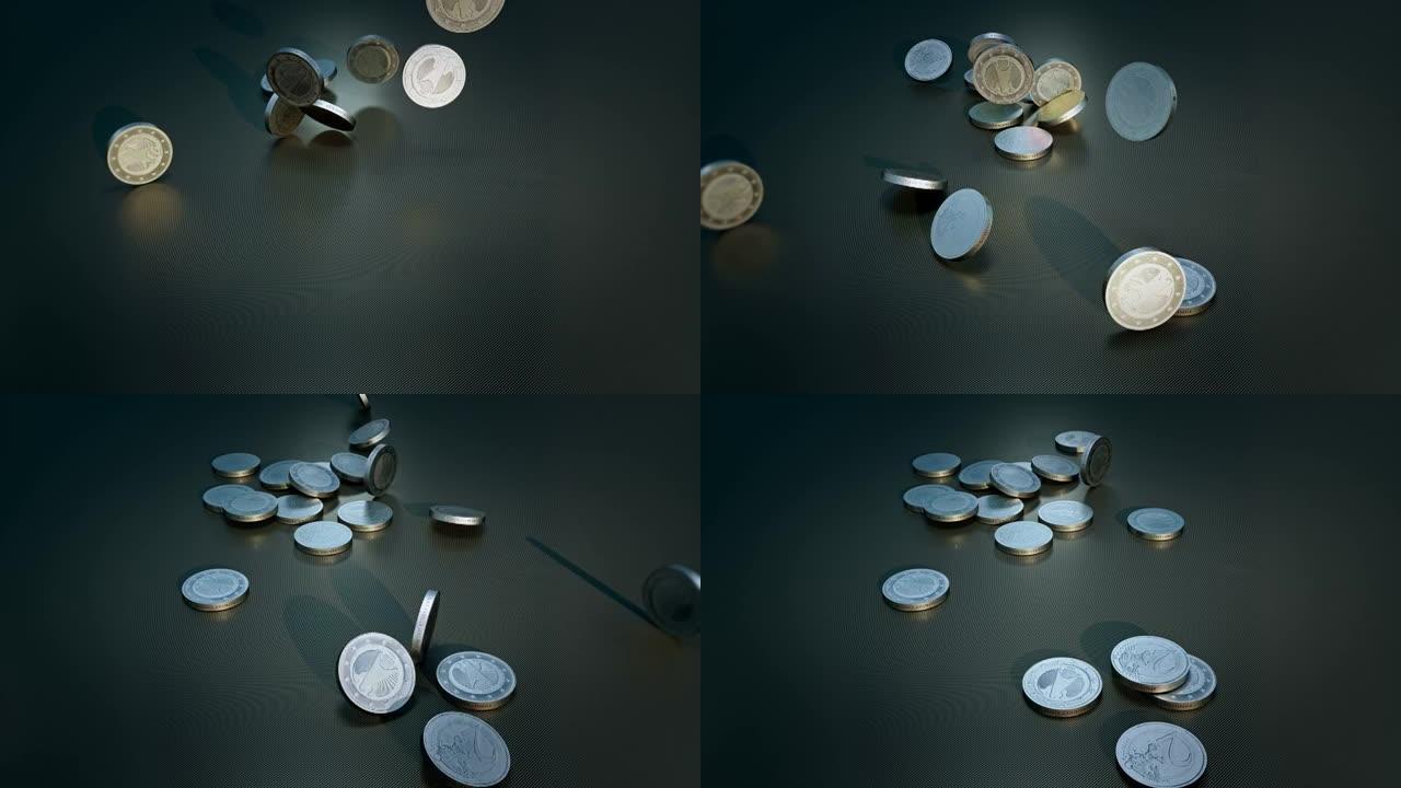 计算机生成的欧元硬币在碳地板上掉落和弹跳