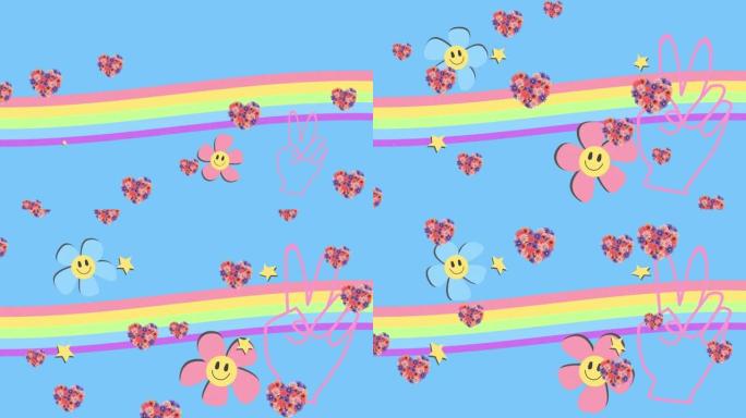 彩虹上漂浮的花心动画，和平手牌和笑脸花，蓝色