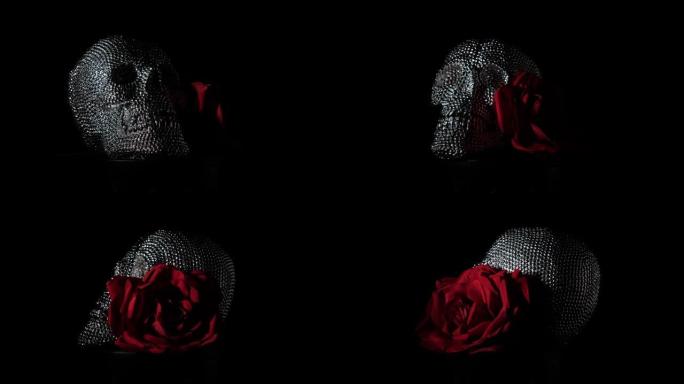 黑色背景上有大玫瑰的银色头骨，具有闪电效果，Dia de los muertos。
