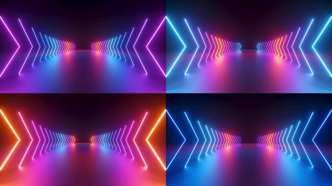 3d循环动画，抽象的粉红色红色蓝色霓虹灯背景，带有发光的渐变箭头，显示前进方向。空舞台